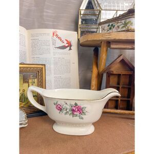 Vintage Gravy Boat with Pink Rose Design‎